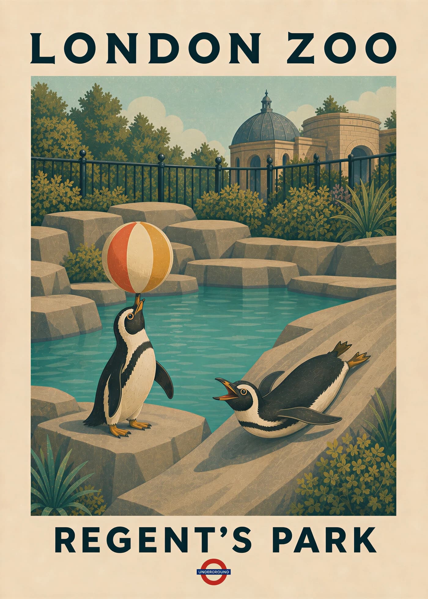 Two penguins playing with a beach ball at London Zoo in Regent's Park